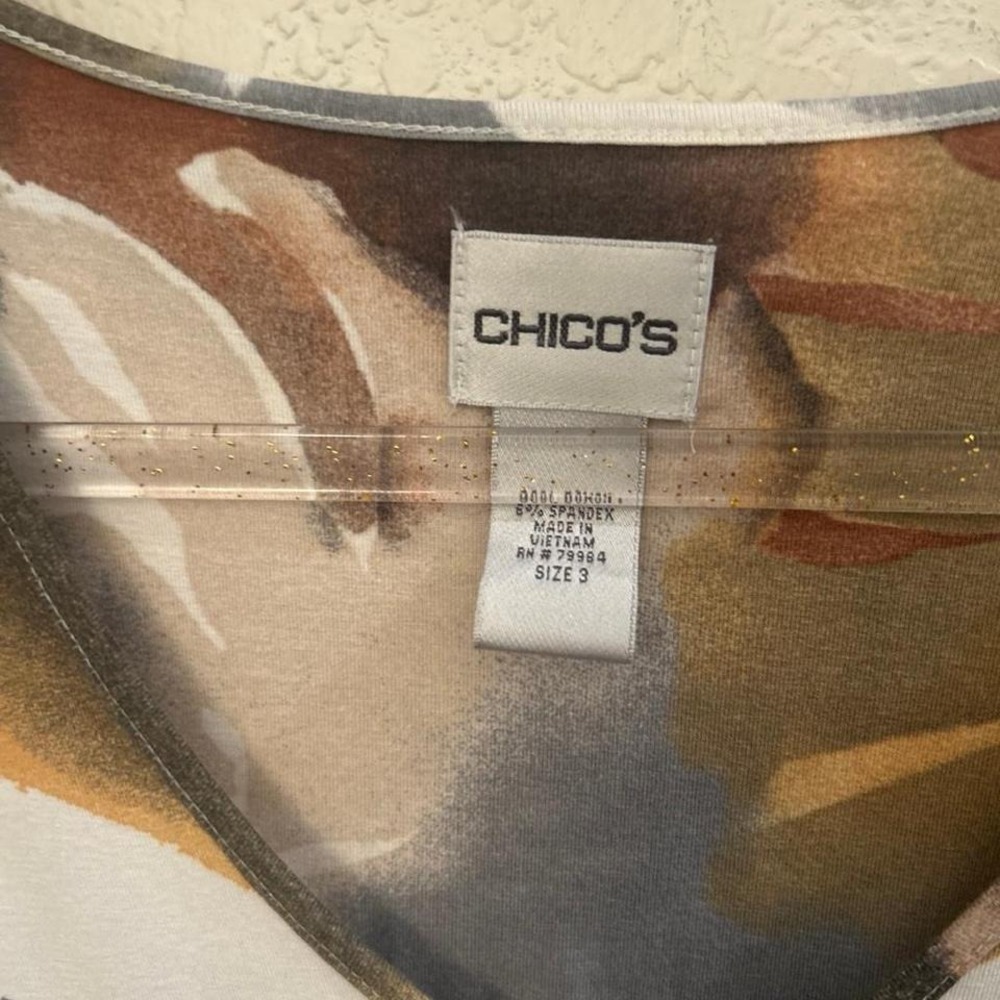 Chico's Watercolor Floral V-Neck Blouse in White, Gray, Brown, Tan - Picture 2 of 4